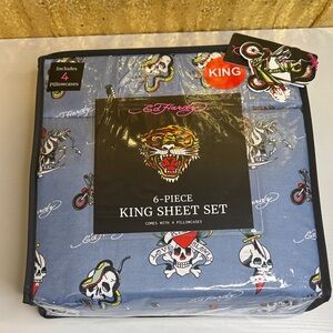 Ed Hardy Blue King Sheet Set with Skulls and Motorcycles